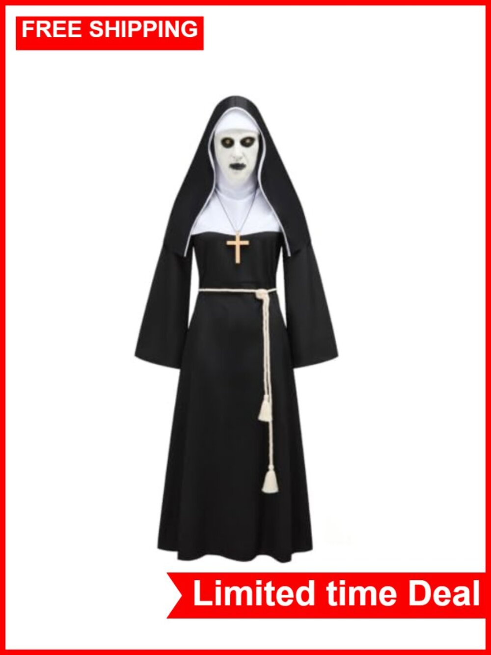 Horror Nun Costume 5 Piece Set with Latex Mask & Headpiece Halloween Cosplay